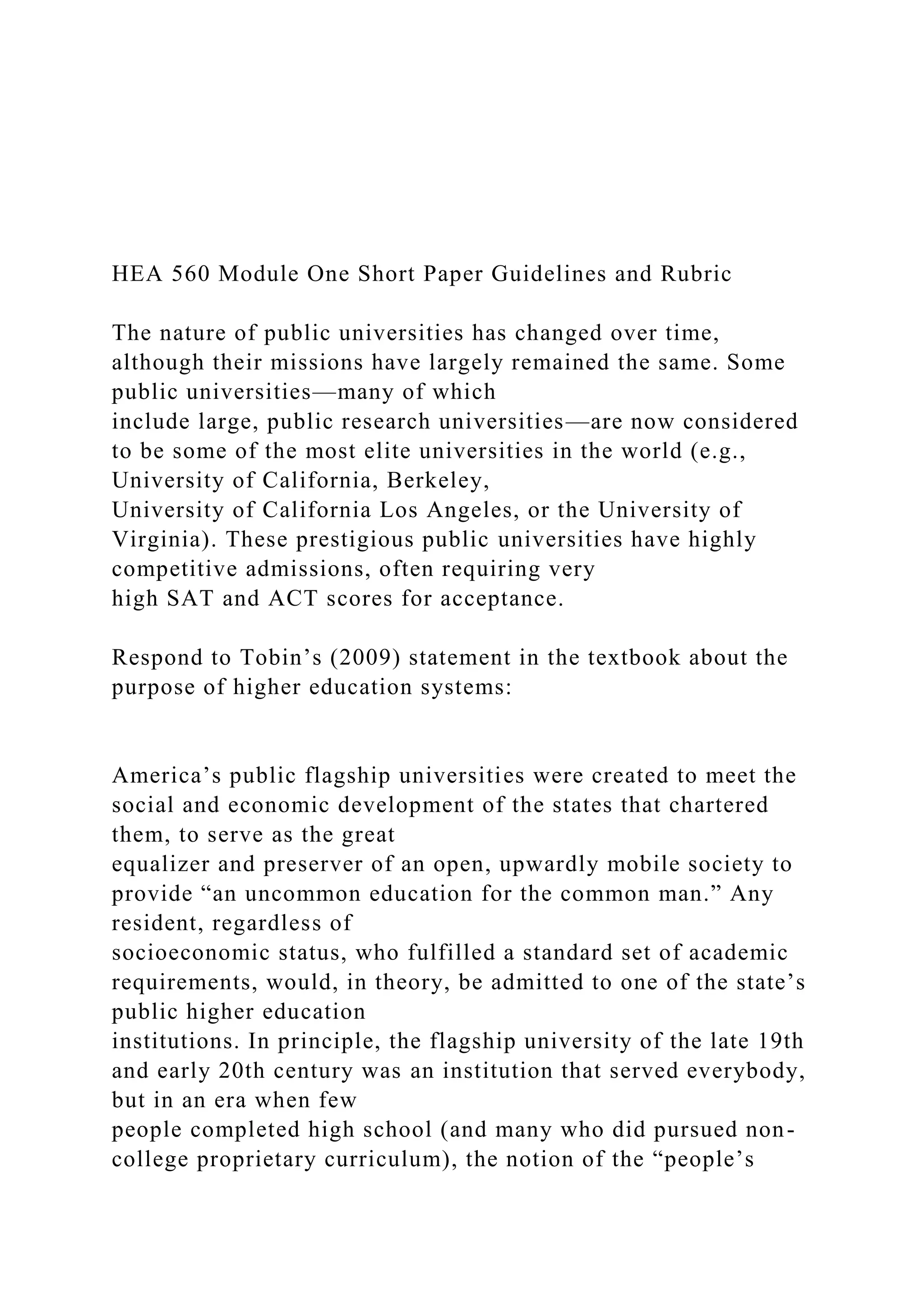 HEA 560 Module One Short Paper Guidelines and Rubric T.docx