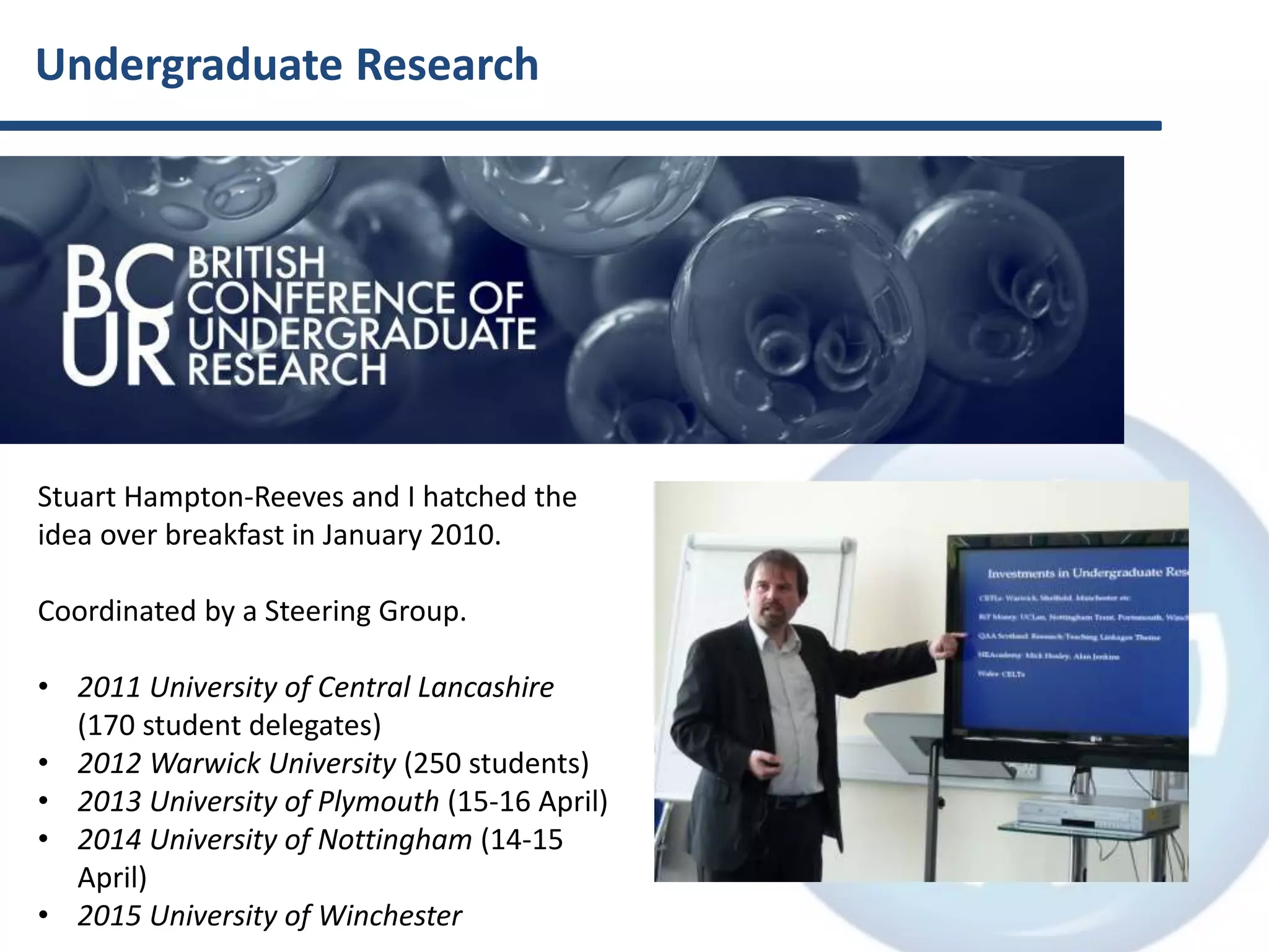 Undergraduate Research
Stuart Hampton-Reeves and I hatched the
idea over breakfast in January 2010.
Coordinated by a Steering Group.
• 2011 University of Central Lancashire
(170 student delegates)
• 2012 Warwick University (250 students)
• 2013 University of Plymouth (15-16 April)
• 2014 University of Nottingham (14-15
April)
• 2015 University of Winchester
 