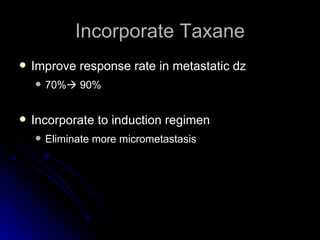 Incorporate Taxane Improve response rate in metastatic dz 70%   90% Incorporate to induction regimen Eliminate more micrometastasis 