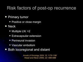 Risk factors of post-op recurrence Primary tumor Positive or close margin Neck Multiple LN: >2 Extracapsular extension Perineural invasion Vascular embolism Both locoregional and distant Annals of Oncology 2004; 15: 1179-1186   Head and Neck 2000; 22: 680-686 