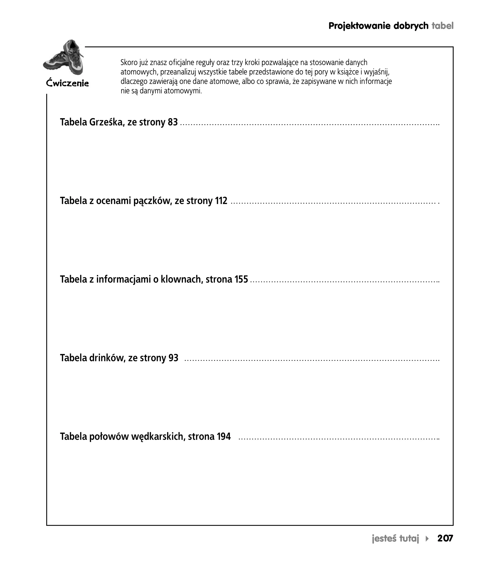 Projektowanie dobrych tabel


                Skoro już znasz oficjalne reguły oraz trzy kroki pozwalające na stosowanie danych
                atomowych, przeanalizuj wszystkie tabele przedstawione do tej pory w książce i wyjaśnij,
Ćwiczenie       dlaczego zawierają one dane atomowe, albo co sprawia, że zapisywane w nich informacje
                nie są danymi atomowymi.


  Tabela Grześka, ze strony 83




  Tabela z ocenami pączków, ze strony 112




  Tabela z informacjami o klownach, strona 155




  Tabela drinków, ze strony 93




  Tabela połowów wędkarskich, strona 194




                                                                                                 jesteś tutaj   207
 