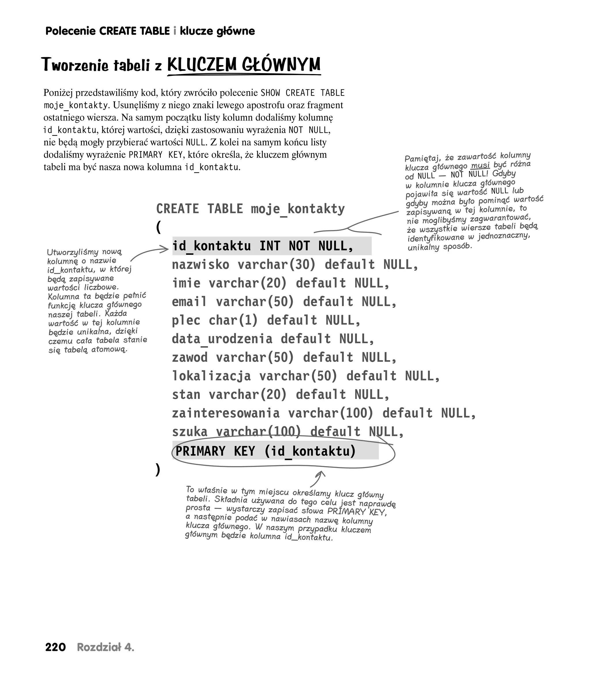 Polecenie CREATE TABLE i klucze główne


Tworzenie tabeli z KLUCZEM GŁÓWNYM
Poniżej przedstawiliśmy kod, który zwróciło polecenie SHOW CREATE TABLE
moje_kontakty. Usunęliśmy z niego znaki lewego apostrofu oraz fragment
ostatniego wiersza. Na samym początku listy kolumn dodaliśmy kolumnę
id_kontaktu, której wartości, dzięki zastosowaniu wyrażenia NOT NULL,
nie będą mogły przybierać wartości NULL. Z kolei na samym końcu listy
dodaliśmy wyrażenie PRIMARY KEY, które określa, że kluczem głównym                   Pamiętaj, że zawartość kolumnya
tabeli ma być nasza nowa kolumna id_kontaktu.                                        klucza głównego musi być różn
                                                                                     od NULL — NOT NULL! Gdyby
                                                                                     w kolumnie klucza głównego
                                                                                     pojawiła się wartość NULL lub tość
                                                                                     gdyby można było pominąć war
                             CREATE TABLE moje_kontakty                              zapisywaną w tej kolumnie, to
                                                                                      nie moglibyśmy zagwarantować,
                             (                                                        że wszystkie wiersze tabeli będą
                                                                                                                    ,
                                                                                      identyfikowane w jednoznaczny
 Utworzyliśmy nową
                               id_kontaktu INT NOT NULL,                              unikalny sposób.
 kolumnę o nazwie
 id_kontaktu, w której         nazwisko varchar(30) default NULL,
 będą zapisywane
 wartości liczbowe.            imie varchar(20) default NULL,
 Kolumna ta będzie pełnić
 funkcję klucza głównego       email varchar(50) default NULL,
 naszej tabeli. Każda
 wartość w tej kolumnie        plec char(1) default NULL,
  będzie unikalna, dzięki
  czemu cała tabela stanie     data_urodzenia default NULL,
  się tabelą atomową.
                               zawod varchar(50) default NULL,
                               lokalizacja varchar(50) default NULL,
                               stan varchar(20) default NULL,
                               zainteresowania varchar(100) default NULL,
                               szuka varchar(100) default NULL,
                                PRIMARY KEY (id_kontaktu)
                             )
                                 To właśnie w tym miejscu określamy klucz
                                 tabeli. Składnia używana do tego celu      główny
                                                                       jest
                                 prosta — wystarczy zapisać słowa PRIM naprawdę
                                 a następnie podać w nawiasach nazwę ARY KEY,
                                                                        kolumny
                                 klucza głównego. W naszym przypadku
                                                                       kluczem
                                 głównym będzie kolumna id_kontaktu.




220     Rozdział 4.
 
