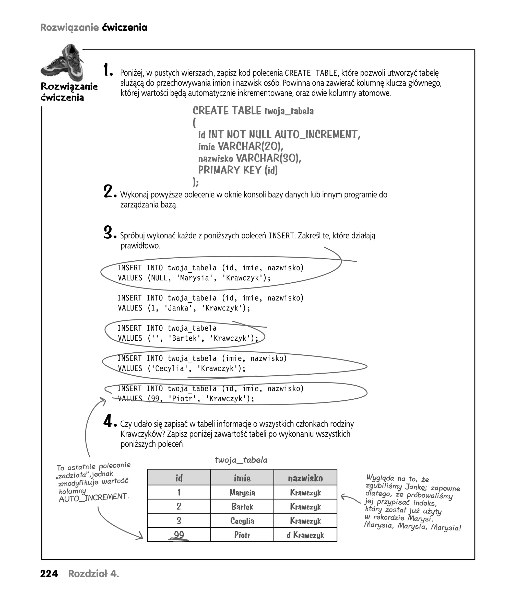 Rozwiązanie ćwiczenia



               1.   Poniżej, w pustych wierszach, zapisz kod polecenia CREATE TABLE, które pozwoli utworzyć tabelę
Rozwiązanie         służącą do przechowywania imion i nazwisk osób. Powinna ona zawierać kolumnę klucza głównego,
                    której wartości będą automatycznie inkrementowane, oraz dwie kolumny atomowe.
ćwiczenia
                                         CREATE TABLE twoja_tabela
                                         (
                                           id INT NOT NULL AUTO_INCREMENT,
                                           imie VARCHAR(20),
                                           nazwisko VARCHAR(30),
                                           PRIMARY KEY (id)
                                         );
               2. Wykonaj powyższe polecenie w oknie konsoli bazy danych lub innym programie do
                    zarządzania bazą.


               3. Spróbuj wykonać każde z poniższych poleceń INSERT. Zakreśl te, które działają
                    prawidłowo.

                    INSERT INTO twoja_tabela (id, imie, nazwisko)
                    VALUES (NULL, 'Marysia', 'Krawczyk');

                    INSERT INTO twoja_tabela (id, imie, nazwisko)
                    VALUES (1, 'Janka', 'Krawczyk');

                    INSERT INTO twoja_tabela
                    VALUES ('', 'Bartek', 'Krawczyk');

                    INSERT INTO twoja_tabela (imie, nazwisko)
                    VALUES ('Cecylia', 'Krawczyk');

                    INSERT INTO twoja_tabela (id, imie, nazwisko)
                    VALUES (99, 'Piotr', 'Krawczyk');


               4. Czy udało się zapisać w tabeli informacje o wszystkich członkach rodziny
                    Krawczyków? Zapisz poniżej zawartość tabeli po wykonaniu wszystkich
                    poniższych poleceń.
                                                twoja_tabela
  To ostatnie polecenie
  „zadziała”,jednak                 id                imie            nazwisko                Wygląda na to, że
   zmodyfikuje wartość                                                                       zgubiliśmy Jankę; zapewne
   kolumny                           1              Marysia           Krawczyk               dlatego, że próbowaliśmy
   AUTO_INCREMENT.                                                                           jej przypisać indeks,
                                    2                Bartek           Krawczyk               który został już użyty
                                                                                             w rekordzie Marysi.
                                    3                Cecylia          Krawczyk               Marysia, Marysia, Marysia
                                                                                                                       !
                                    99                Piotr          d Krawczyk



224   Rozdział 4.
 