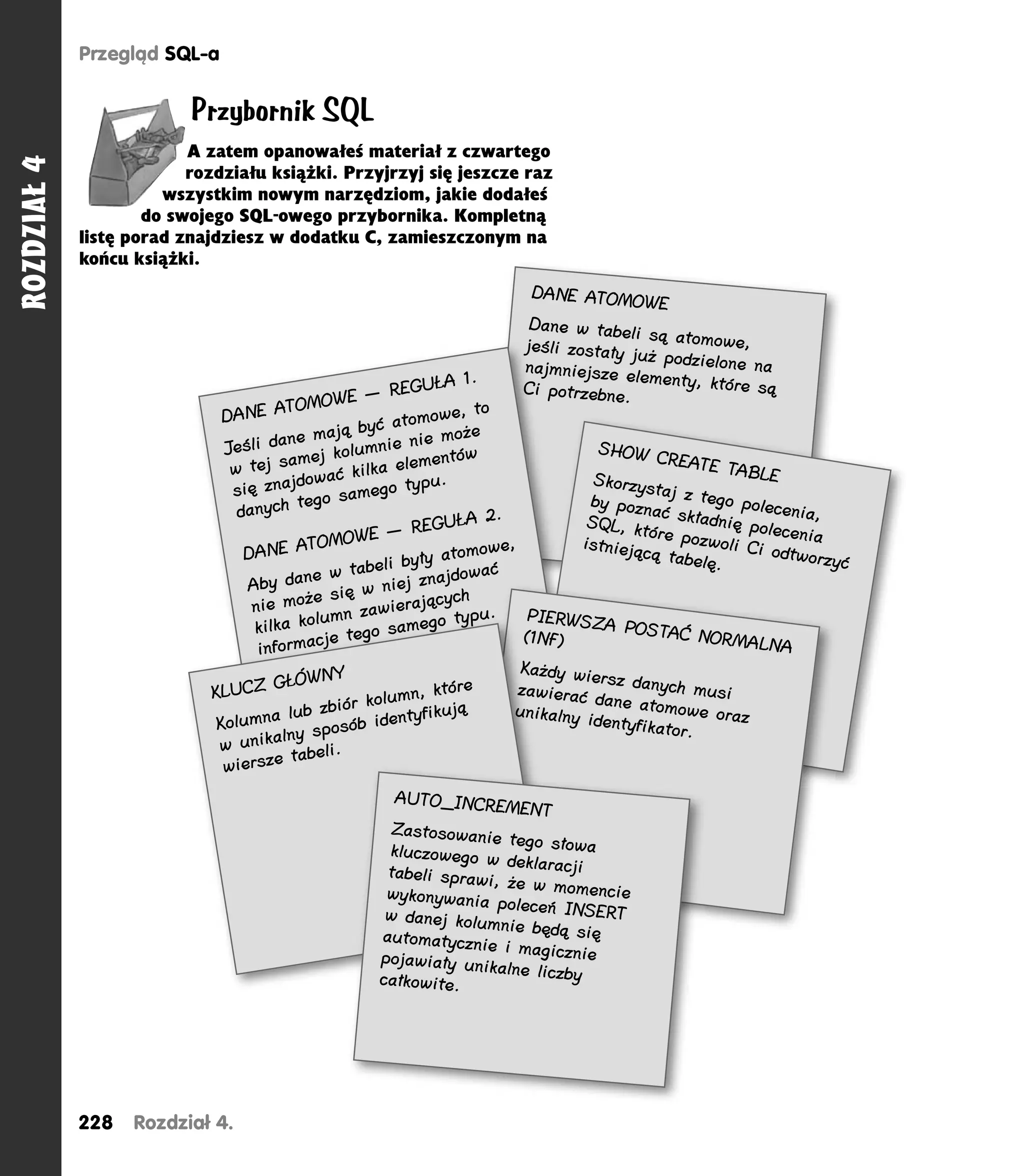 Przegląd SQL-a


                          Przybornik SQL
                          A zatem opanowałeś materiał z czwartego
ROZDZIAŁ 4



                          rozdziału książki. Przyjrzyj się jeszcze raz
                       wszystkim nowym narzędziom, jakie dodałeś
                     do swojego SQL-owego przybornika. Kompletną
             listę porad znajdziesz w dodatku C, zamieszczonym na
             końcu książki.
                                                                         DANE ATOMO
                                                                                        WE
                                                                         Dane w tabeli
                                                                                        są atomowe,
                                                                        jeśli zostały
                                                                              z       już podzielone
                                                                        najmniejsze el
                                                                             n                       na
                                                                    1.                 ementy, które
                                                       REGUŁA           Ci potrzebne.
                                                                              t                      są
                                        TOM   OWE —
                              DANE A                               , to
                                                         tomowe
                                        ne ma   ją być a ie może
                              Jeśli da ej kolumnie n                                  SHOW
                                        am                    entów                            CREATE
                               w tej s wać kilka elem                                                     TABLE
                                         jdo              typ u.                      Skorzys
                               się zna           samego                                        taj z te
                                          tego                                       by pozn            go pole
                                danych                                  .                     ać skła           ce
                                                                                                       dnię po nia,
                                                       — RE   GUŁA 2                 SQL, kt
                                                                                              óre poz         lecenia
                                                    E
                                           TOMOW                         e,         istnieją           wo
                                                                                             cą tabe li Ci odtworzy
                                 DANE A                        atomow
                                            e w ta  beli były ować                                    lę.             ć
                                                                jd
                                 Aby dan się w niej zna
                                            e                    ch
                                  nie moż              ierający u.
                                             lu mn zaw           typ         PIERWSZ
                                  kilka ko             samego                           A POSTA
                                        rmac  je tego                        (1NF)                Ć NORMA
                                                                                                             LNA
                                   info
                                                Y                           Każdy wie
                                     GŁÓWN                                             rsz danyc
                            KLUCZ                          n, które         zawierać              h musi
                                           b zbió r kolum kują             unikal y id
                                                                                      dane atom
                                                                                                  owe oraz
                                        lu           identyfi                    ln
                             Kolumna        sposób
                                                                                       entyfikato
                                                                                                   r.
                                       lny
                             w unika beli.
                                         ta
                              wiersze
                                                      AUTO_INCREM
                                                                     ENT
                                                    Zastosowanie
                                                                    tego słowa
                                                    kluczowego w
                                                                   deklaracji
                                                    tabeli sprawi,
                                                                   że w momenci
                                                    wykonywania                  e
                                                                  poleceń INSER
                                                    w danej kolu                T
                                                                 mnie będą si
                                                   automatycznie              ę
                                                                   i magicznie
                                                   pojawiały uni
                                                                 kalne liczby
                                                   całkowite.




             228   Rozdział 4.
 