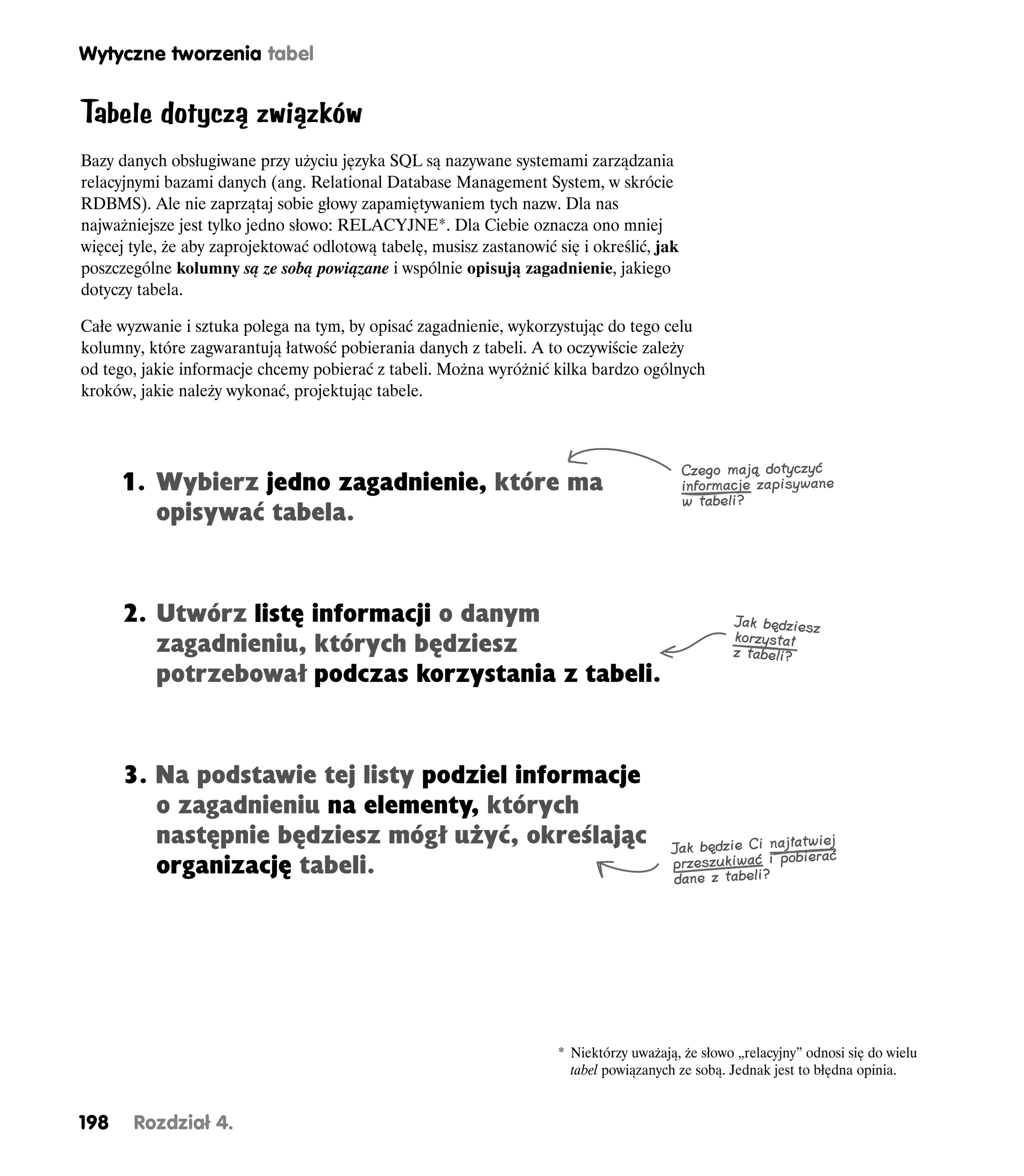 Wytyczne tworzenia tabel


Tabele dotyczą związków
Bazy danych obsługiwane przy użyciu języka SQL są nazywane systemami zarządzania
relacyjnymi bazami danych (ang. Relational Database Management System, w skrócie
RDBMS). Ale nie zaprzątaj sobie głowy zapamiętywaniem tych nazw. Dla nas
najważniejsze jest tylko jedno słowo: RELACYJNE*. Dla Ciebie oznacza ono mniej
więcej tyle, że aby zaprojektować odlotową tabelę, musisz zastanowić się i określić, jak
poszczególne kolumny są ze sobą powiązane i wspólnie opisują zagadnienie, jakiego
dotyczy tabela.

Całe wyzwanie i sztuka polega na tym, by opisać zagadnienie, wykorzystując do tego celu
kolumny, które zagwarantują łatwość pobierania danych z tabeli. A to oczywiście zależy
od tego, jakie informacje chcemy pobierać z tabeli. Można wyróżnić kilka bardzo ogólnych
kroków, jakie należy wykonać, projektując tabele.



                                                                                           Czego mają dotyczyć
      1. Wybierz jedno zagadnienie, które ma                                               informacje zapisywane
                                                                                           w tabeli?
         opisywać tabela.



      2. Utwórz listę informacji o danym                                                           Jak będziesz
                                                                                                   korzystał
         zagadnieniu, których będziesz                                                             z tabeli?
         potrzebował podczas korzystania z tabeli.



      3. Na podstawie tej listy podziel informacje
         o zagadnieniu na elementy, których
         następnie będziesz mógł użyć, określając                                        Jak będzie Ci najłatwie
                                                                                                                 j
                                                                                                ukiwać i pobierać
         organizację tabeli.                                                             przesz
                                                                                         dane z tabeli?




                                                                      * Niektórzy uważają, że słowo „relacyjny” odnosi się do wielu
                                                                        tabel powiązanych ze sobą. Jednak jest to błędna opinia.


198    Rozdział 4.
 