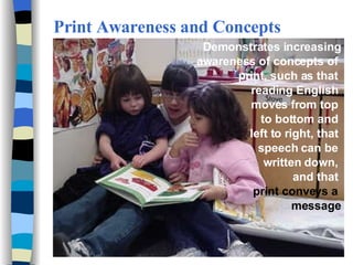 Print Awareness and Concepts Demonstrates increasing awareness of concepts of  print, such as that  reading English  moves from top  to bottom and  left to right, that  speech can be  written down,  and that  print conveys a  message 