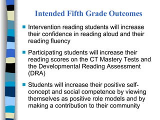 Intended Fifth Grade Outcomes Intervention reading students will increase their confidence in reading aloud and their reading fluency Participating students will increase their reading scores on the CT Mastery Tests and the Developmental Reading Assessment (DRA) Students will increase their positive self-concept and social competence by viewing themselves as positive role models and by making a contribution to their community 