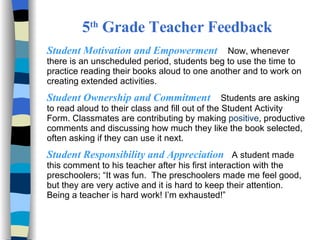 5 th  Grade Teacher Feedback Student Motivation   and Empowerment   Now, whenever there is an unscheduled period, students beg to use the time to practice reading their books aloud to one another and to work on creating extended activities.  Student Ownership and Commitment   Students are asking to read aloud to their class and fill out of the Student Activity Form. Classmates are contributing by making  positive , productive comments and discussing how much they like the book selected, often asking if they can use it next. Student Responsibility and Appreciation   A student made this comment to his teacher after his first interaction with the preschoolers; “It was fun.  The preschoolers made me feel good, but they are very active and it is hard to keep their attention.  Being a teacher is hard work! I’m exhausted!” 