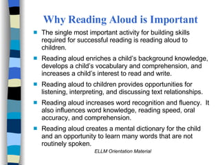 Why Reading Aloud is Important The single most important activity for building skills required for successful reading is reading aloud to children. Reading aloud enriches a child’s background knowledge, develops a child’s vocabulary and comprehension, and increases a child’s interest to read and write. Reading aloud to children provides opportunities for listening, interpreting, and discussing text relationships. Reading aloud increases word recognition and fluency.  It also influences word knowledge, reading speed, oral accuracy, and comprehension. Reading aloud creates a mental dictionary for the child and an opportunity to learn many words that are not routinely spoken. ELLM Orientation Material 