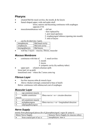 121
Pharynx
 situated bhd the nasal cavities, the mouth, & the larynx
 funnel-shaped:upper, wide end under skull
lower, narrow end becoming continuous with esophagus
opposite CV6
 musculomembranous wall - def ant
- here replaced by
1. post nasal apertures
2. oropharyngeal isthmus (opening into mouth)
3. inlet of larynx
 can be divided into 3 parts
nasopharynx bhd nasal cavity
oropharynx bhd oral cavity
laryngopharynx bhd larynx
 wall has 3 layers – mucous, fibrous, muscular
Mucous Membrane
 continuous with that of 1. nasal cavities
2. mouth
3. larynx
4. tympanic cavity (by auditory tubes)
 upper part: ciliated columnar epith
lower part: str sq epith
transitional zone – where the 2 areas come tog
Fibrous Layer
 lies btw mucous mbm & muscle layer
 Above: thicker (strongly connected to base of skull)
Below: continuous with submucosal coat of esophagus
Muscular Layer
1. sup constictor muscle
2. middle constrictor
muscle
fibres run in > or < circular direction
3. inf constrictor muscle
4. stylopharyngeus fibres run in a > or < longitudinal direction
5. salpingopharyngeus
Nerve Supply
mainly from pharyngeal plexus (br of glossopharyngeal, vagus & symp n)
Motor Nerve Supply Sensory Nerve Supply (to mucous mbm)
 from cranial part of acc n nasopharynx: max n
 