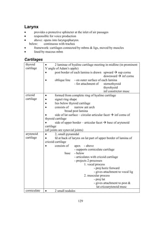 129
Larynx
 provides a protective sphincter at the inlet of air passages
 responsible for voice production
 above: opens into laryngopharynx
below: continuous with trachea
 framework: cartilages connected by mbms & ligs, moved by muscles
 lined by mucous mbm
Cartilages
thyroid
cartilage
 2 laminae of hyaline cartilage meeting in midline (in prominent
V angle of Adam’s apple)
 post border of each lamina is drawn upward  sup cornu
downward  inf cornu
 oblique line - on outer surface of each lamina
- for attachment of sternothyroid
thyrohyoid
inf constrictor musc
cricoid
cartilage
 formed from complete ring of hyaline cartilage
 signet ring shape
 lies below thyroid cartilage
 consists of narrow ant arch
broad post lamina
 side of lat surface – circular articular facet  inf cornu of
thyroid cartilage
 side of upper border – articular facet  base of arytenoid
cartilage
(all joints are synovial joints)
arytenoid
cartilage
 2, small pyramidal
 fd at back of larynx on lat part of upper border of lamina of
cricoid cartilage
 consists of apex - above
- supports corniculate cartilage
base - below
- articulates with cricoid cartilage
- projects 2 processes
1. vocal process
- proj horiz forward
- gives attachment to vocal lig
2. muscular process
- proj lat
- gives attachment to post &
lat cricoarytenoid musc
corniculate  2 small nodules
 