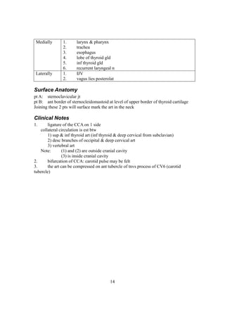 14
Medially 1. larynx & pharynx
2. trachea
3. esophagus
4. lobe of thyroid gld
5. inf thyroid gld
6. recurrent laryngeal n
Laterally 1. IJV
2. vagus lies posterolat
Surface Anatomy
pt A: sternoclavicular jt
pt B: ant border of sternocleidomastoid at level of upper border of thyroid cartilage
Joining these 2 pts will surface mark the art in the neck
Clinical Notes
1. ligature of the CCA on 1 side
collateral circulation is est btw
1) sup & inf thyroid art (inf thyroid & deep cervical from subclavian)
2) desc branches of occipital & deep cervical art
3) vertebral art
Note: (1) and (2) are outside cranial cavity
(3) is inside cranial cavity
2. bifurcation of CCA: carotid pulse may be felt
3. the art can be compressed on ant tubercle of tnvs process of CV6 (carotid
tubercle)
 