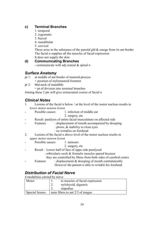 39
c) Terminal Branches
1. temporal
2. zygomatic
3. buccal
4. mandibular
5. cervical
These arise in the substance of the parotid gld & emege from its ant border
The facial n supplies all the muscles of facial expression
It does not supply the skin
d) Communicating Branches
- communicate with adj cranial & spinal n
Surface Anatomy
pt 1: at middle of ant border of mastoid process
= position of stylomastoid foramen
pt 2: bhd neck of mandible
= pt of division into terminal branches
Joining these 2 pts will give extracranial course of facial n
Clinical Notes
1. Lesions of the facial n below / at the level of the motor nucleus results in
lower motor-neuron lesion
- Possible causes: 1. infection of middle ear
2. surgery, etc
- Result: paralysis of entire facial musculature on affected side
- Features : displacement of mouth accompanied by drooping
: ptosis, & inability to close eyes
: no wrinkles on forehead
2. Lesions of the facial n above level of the motor nucleus results in
upper motor-neuron lesion
- Possible causes: 1. tumours
2. surgery, etc
- Result : Lower half of face of oppo side paralysed
: orbicularis oculi & frontalis muscles spared because
they are controlled by fibres from both sides of cerebral cortex
- Features : displacement & drooping of mouth contralaterally
However the patient is able to wrinkle his forehead
Distribution of Facial Nerve
4 modalities carried by nerve
Motor 1. to muscles of facial expression
2. stylohyoid, digastric
3. stapedius
Special Senses taste fibres to ant 2/3 of tongue
 