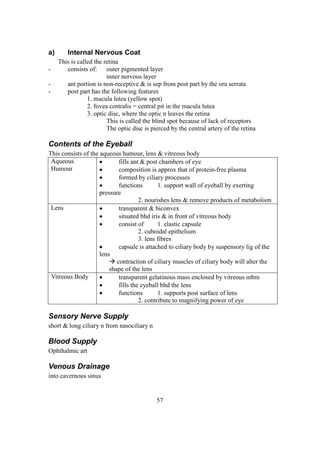 57
a) Internal Nervous Coat
This is called the retina
- consists of: outer pigmented layer
inner nervous layer
- ant portion is non-receptive & is sep from post part by the ora serrata
- post part has the following features
1. macula lutea (yellow spot)
2. fovea centralis = central pit in the macula lutea
3. optic disc, where the optic n leaves the retina
This is called the blind spot because of lack of receptors
The optic disc is pierced by the central artery of the retina
Contents of the Eyeball
This consists of the aqueous humour, lens & vitreous body
Aqueous
Humour
 fills ant & post chambers of eye
 composition is approx that of protein-free plasma
 formed by ciliary processes
 functions 1. support wall of eyeball by exerting
pressure
2. nourishes lens & remove products of metabolism
Lens  transparent & biconvex
 situated bhd iris & in front of vitreous body
 consist of 1. elastic capsule
2. cuboidal epithelium
3. lens fibres
 capsule is attached to ciliary body by suspensory lig of the
lens
 contraction of ciliary muscles of ciliary body will alter the
shape of the lens
Vitreous Body  transparent gelatinous mass enclosed by vitreous mbm
 fills the eyeball bhd the lens
 functions 1. supports post surface of lens
2. contribute to magnifying power of eye
Sensory Nerve Supply
short & long ciliary n from nasociliary n
Blood Supply
Ophthalmic art
Venous Drainage
into cavernous sinus
 