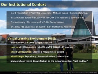 Image: "Canterbury Christ Church University campus" by Zoltan Gaal. Creative Commons licence CC BY - https://www.flickr.com/photos/zoltangaal/8298143490/
Our Institutional Context
• C of E Foundation | Post 1992 University | Million+ Group | Cathedrals Group
• 4 x Campuses across the County of Kent, UK | 4 x Faculties | School-based
• Predominantly offers courses for Public Sector careers
• @ 18,000 FTE Students | @ 3000 FT & PT Staff (1600 Academics)
Virtual Learning Environment (VLE):
• Introduced VLE in 2002 using Blackboard
• Host to: @20000 student | @4000 staff | @2000 L&T courses
• Mixed Configuration: Module | Programme | Cohort
• Mixed Usage: Repository | Communications | Interaction
• Students have voiced dissatisfaction on the lack of consistent “look and feel”
 