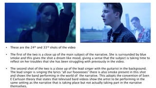 • These are the 24th and 33rd shots of the video
• The first of the two is a close up of the main subject of the narrative. She is surrounded by blue
smoke and this gives the shot a dream like mood, giving a sense that the subject is taking time to
reflect on her troubles that she has been struggling with previously in the video.
• The second shot of the two is a close up of the lead singer with the guitarist in the background.
The lead singer is singing the lyrics “all our fooooooes” there is also smoke present in this shot
and shows the band performing in the world of the narrative. This adopts the convention of Sven
E Carlsson theory that states that televised bard videos show the artist to be performing in the
same setting as the narrative that is taking place but not actually taking part in the narrative
themselves.
 