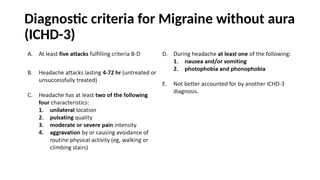 Diagnostic criteria for Migraine without aura
(ICHD-3)
 