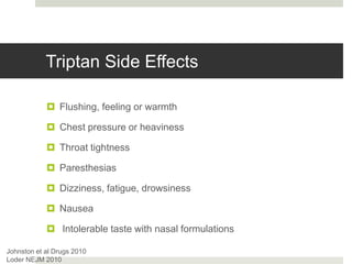 Triptan Side Effects
 Flushing, feeling or warmth
 Chest pressure or heaviness
 Throat tightness
 Paresthesias
 Dizziness, fatigue, drowsiness
 Nausea
 Intolerable taste with nasal formulations
Johnston et al Drugs 2010
Loder NEJM 2010
 