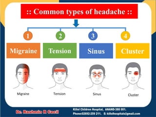:: Common types of headache ::
Migraine Tension Sinus Cluster
1 2 3 4
 