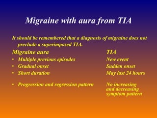 Migraine with aura from TIA It should be remembered that a diagnosis of migraine does not preclude a superimposed TIA.   Migraine aura TIA Multiple previous episodes New event Gradual onset Sudden onset Short duration May last 24 hours Progression and regression pattern No increasing  and decreasing  symptom pattern 