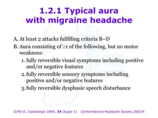 1.2.1 Typical aura
with migraine headache
A. At least 2 attacks fulfilling criteria B–D
B. Aura consisting of 1 of the following, but no motor
weakness:
1. fully reversible visual symptoms including positive
and/or negative features
2. fully reversible sensory symptoms including
positive and/or negative features
3. fully reversible dysphasic speech disturbance

1.2.1 Typical aura
with migraine headache

ICHD-II. Cephalalgia 2004; 24 (Suppl 1)

©International Headache Society 2003/4

 