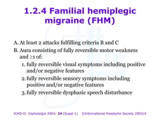 1.2.4 Familial hemiplegic
migraine (FHM)
A. At least 2 attacks fulfilling criteria B and C
B. Aura consisting of fully reversible motor weakness
and 1 of:
1. fully reversible visual symptoms including positive
and/or negative features
2. fully reversible sensory symptoms including
positive and/or negative features
3. fully reversible dysphasic speech disturbance

ICHD-II. Cephalalgia 2004; 24 (Suppl 1)

©International Headache Society 2003/4

 
