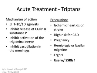 Acute Treatment - Triptans
Mechanism of action
• 5HT-1B/1D agonists
• Inhibit release of CGRP &
substance P
• Inhibit activation of the
trigeminal nerve
• Inhibit vasodilation in
the meninges

Johnston et al Drugs 2010
Loder NEJM 2010

Precautions
• Ischemic heart dz or
stroke
• High risk for CAD
• Pregnancy
• Hemiplegic or basilar
migraine
• Ergots
• Use w/ SSRIs?

 