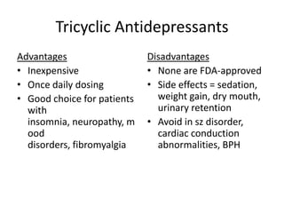Tricyclic Antidepressants
Advantages
• Inexpensive
• Once daily dosing
• Good choice for patients
with
insomnia, neuropathy, m
ood
disorders, fibromyalgia

Disadvantages
• None are FDA-approved
• Side effects = sedation,
weight gain, dry mouth,
urinary retention
• Avoid in sz disorder,
cardiac conduction
abnormalities, BPH

 