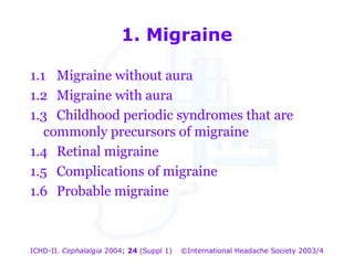 1. Migraine
1.1 Migraine without aura
1.2 Migraine with aura
1.3 Childhood periodic syndromes that are
commonly precursors of migraine
1.4 Retinal migraine
1.5 Complications of migraine
1.6 Probable migraine

ICHD-II. Cephalalgia 2004; 24 (Suppl 1)

©International Headache Society 2003/4

 
