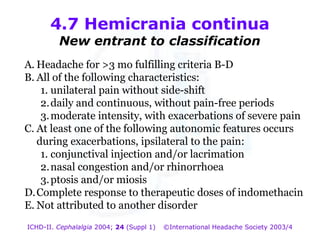 4.7 Hemicrania continua
New entrant to classification

A. Headache for >3 mo fulfilling criteria B-D
B. All of the following characteristics:
1. unilateral pain without side-shift
2. daily and continuous, without pain-free periods
3. moderate intensity, with exacerbations of severe pain
C. At least one of the following autonomic features occurs
during exacerbations, ipsilateral to the pain:
1. conjunctival injection and/or lacrimation
2. nasal congestion and/or rhinorrhoea
3. ptosis and/or miosis
D. Complete response to therapeutic doses of indomethacin
E. Not attributed to another disorder
ICHD-II. Cephalalgia 2004; 24 (Suppl 1)

©International Headache Society 2003/4

 