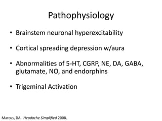 Pathophysiology
• Brainstem neuronal hyperexcitability
• Cortical spreading depression w/aura
• Abnormalities of 5-HT, CGRP, NE, DA, GABA,
glutamate, NO, and endorphins
• Trigeminal Activation

Marcus, DA. Headache Simplified 2008.

 