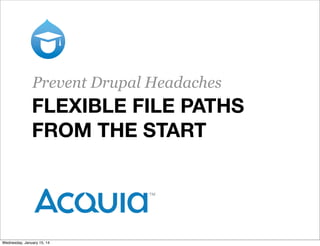 Prevent Drupal Headaches

FLEXIBLE FILE PATHS
FROM THE START

Wednesday, January 15, 14

 