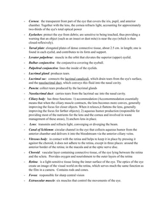 -   Cornea: the transparent front part of the eye that covers the iris, pupil, and anterior
    chamber. Together with the lens, the cornea refracts light, accounting for approximately
    two-thirds of the eye's total optical power
-   Eyelashes: protect the eye from debris; are sensitive to being touched, thus providing a
    warning that an object (such as an insect or dust mite) is near the eye (which is then
    closed reflexively).
-   Tarsal plate: elongated plates of dense connective tissue, about 2.5 cm. in length; one is
    found in each eyelid, and contributes to its form and support.
-   Levator palpebrae: muscle in the orbit that elevates the superior (upper) eyelid.
-   Bulbar conjunctiva: the conjunctiva covering the eyeball.
-   Palpebral conjunctiva: lines the inside of the eyelids.
-   Lacrimal gland: produces tears.
-   Lacrimal sac: connects the lacrimal canaliculi, which drain tears from the eye's surface,
    and the nasolacrimal duct, which conveys this fluid into the nasal cavity.
-   Puncta: collect tears produced by the lacrimal glands
-   Nasolacrimal duct: carries tears from the lacrimal sac into the nasal cavity.
-   Ciliary body: has three functions: 1) accommodation (Accomommodation essentially
    means that when the ciliary muscle contracts, the lens becomes more convex, generally
    improving the focus for closer objects. When it relaxes,it flattens the lens, generally
    improving the focus for farther objects); 2) aqueous humor production (responsible for
    providing most of the nutrients for the lens and the cornea and involved in waste
    management of these areas), 3) anchors lens in place.
-   Lens: transmits and refracts light, converging or diverging the beam.
-   Canal of Schlemm: circular channel in the eye that collects aqueous humor from the
    anterior chamber and delivers it into the bloodstream via the anterior ciliary veins.
-   Vitreous body: in contact with the retina and helps to keep it in place by pressing it
    against the choroid, it does not adhere to the retina, except in three places: around the
    anterior border of the retina; in the macula and at the optic nerve disc.
-   Choroid: vascular layer containing connective tissue, of the eye lying between the retina
    and the sclera. Provides oxygen and nourishment to the outer layers of the retina
-   Retina: is a light-sensitive tissue lining the inner surface of the eye. The optics of the eye
    create an image of the visual world on the retina, which serves much the same function as
    the film in a camera. Contains rods and cones.
-   Fovea: responsible for sharp central vision
-   Extraocular muscle: six muscles that control the movements of the eye.
 