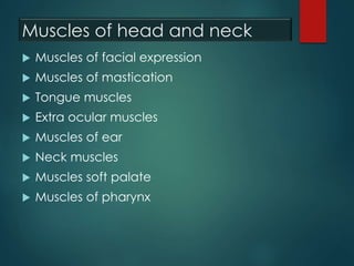 Muscles of head and neck
 Muscles of facial expression
 Muscles of mastication
 Tongue muscles
 Extra ocular muscles
 Muscles of ear
 Neck muscles
 Muscles soft palate
 Muscles of pharynx
 