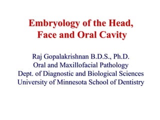 Embryology of the Head,
    Face and Oral Cavity

    Raj Gopalakrishnan B.D.S., Ph.D.
     Oral and Maxillofacial Pathology
Dept. of Diagnostic and Biological Sciences
University of Minnesota School of Dentistry
 