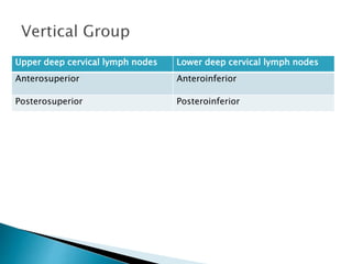 Upper deep cervical lymph nodes Lower deep cervical lymph nodes
Anterosuperior Anteroinferior
Posterosuperior Posteroinferior
 