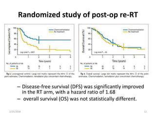 Randomized study of post-op re-RT
– Disease-free survival (DFS) was significantly improved
in the RT arm, with a hazard ratio of 1.68
– overall survival (OS) was not statistically different.
2/25/2018 12
 