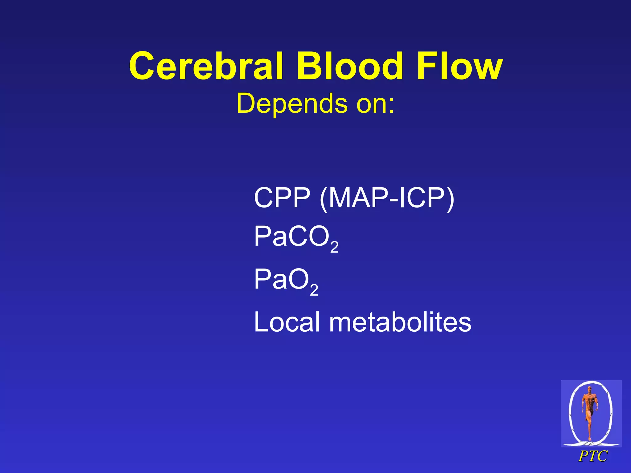 Cerebral Blood Flow Depends on: CPP (MAP-ICP) PaCO 2 PaO 2 Local metabolites 