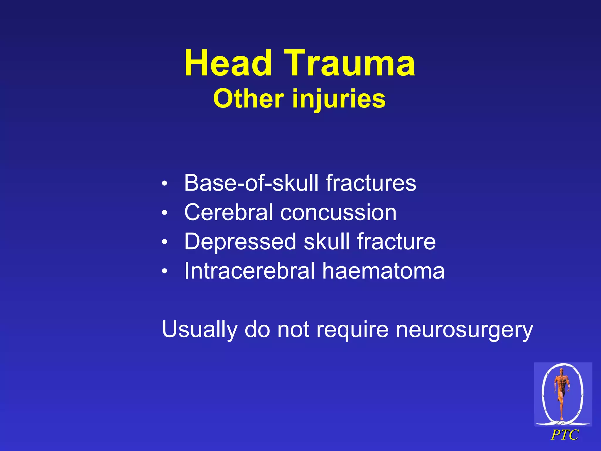 Head Trauma Other injuries Base-of-skull fractures Cerebral concussion Depressed skull fracture Intracerebral haematoma Usually do not require neurosurgery 
