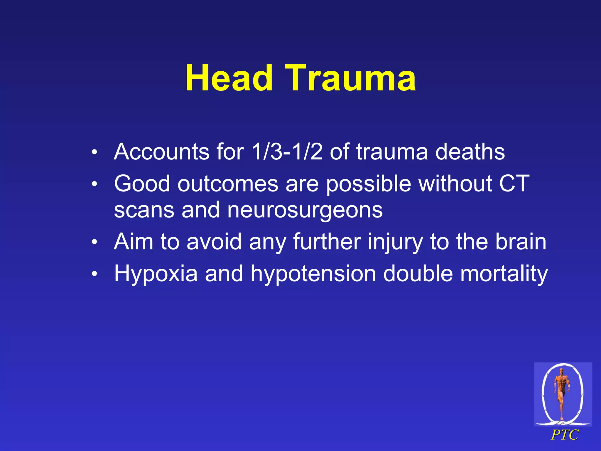 Head Trauma Accounts for 1/3-1/2 of trauma deaths Good outcomes are possible without CT scans and neurosurgeons Aim to avoid any further injury to the brain Hypoxia and hypotension double mortality 