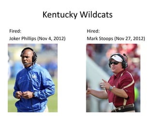 Kentucky Wildcats
Fired:                         Hired:
Joker Phillips (Nov 4, 2012)   Mark Stoops (Nov 27, 2012)
 