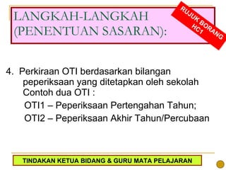 4.  Perkiraan OTI berdasarkan bilangan peperiksaan yang ditetapkan oleh sekolah Contoh dua OTI : OTI1 – Peperiksaan Pertengahan Tahun;  OTI2 – Peperiksaan Akhir Tahun/Percubaan  LANGKAH-LANGKAH (PENENTUAN SASARAN): RUJUK BORANG HC1 TINDAKAN KETUA BIDANG & GURU MATA PELAJARAN 