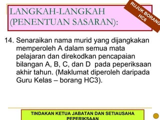 14. Senaraikan nama murid yang dijangkakan memperoleh A dalam semua mata pelajaran dan direkodkan pencapaian bilangan A, B, C, dan D  pada peperiksaan akhir tahun. (Maklumat diperoleh daripada Guru Kelas – borang HC3). LANGKAH-LANGKAH (PENENTUAN SASARAN): RUJUK BORANG HC6 TINDAKAN KETUA JABATAN DAN SETIAUSAHA PEPERIKSAAN 