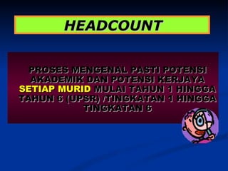 HEADCOUNT   PROSES MENGENAL PASTI POTENSI AKADEMIK DAN POTENSI KERJAYA  SETIAP MURID  MULAI TAHUN 1 HINGGA TAHUN 6 (UPSR) /TINGKATAN 1 HINGGA TINGKATAN 6 