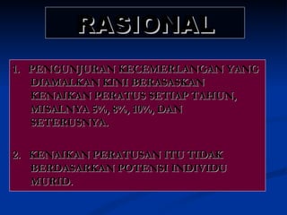 RASIONAL 1.  PENGUNJURAN KECEMERLANGAN YANG DIAMALKAN KINI BERASASKAN KENAIKAN PERATUS SETIAP TAHUN, MISALNYA 5%, 8%, 10%, DAN SETERUSNYA. 2.  KENAIKAN PERATUSAN ITU TIDAK BERDASARKAN POTENSI INDIVIDU MURID. 
