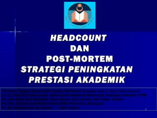 1
1
HEADCOUNT
HEADCOUNT
DAN
DAN
POST-MORTEM
POST-MORTEM
STRATEGI PENINGKATAN
STRATEGI PENINGKATAN
PRESTASI AKADEMIK
PRESTASI AKADEMIK
YM Hajah Tengku Azuan binti Tengku Mohamed (Pengetua Jusa C; Kolej Tunku Kursiah)
Tn. Hj. Rozi bin Puteh Ismail (Ketua Unit Akademik Menengah; Bahagian Sekolah, KPM)
Pn. Che Nolia binti Abdullah (Guru Besar, SK Convent, Alor Setar, Kedah)
Pn. Hjh. Salmiah binti Mohd Salleh (SMK Perimbun, Selangor)
Tn. Hj. Baharum bin Hj. Ahmad (JPN Johor)
 