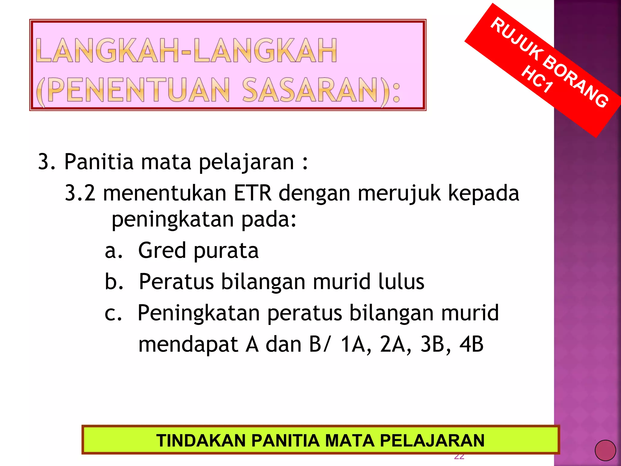 3. Panitia mata pelajaran :
3.2 menentukan ETR dengan merujuk kepada
peningkatan pada:
a. Gred purata
b. Peratus bilangan murid lulus
c. Peningkatan peratus bilangan murid
mendapat A dan B/ 1A, 2A, 3B, 4B
22
RUJUK
BORANG
HC1
TINDAKAN PANITIA MATA PELAJARAN
 