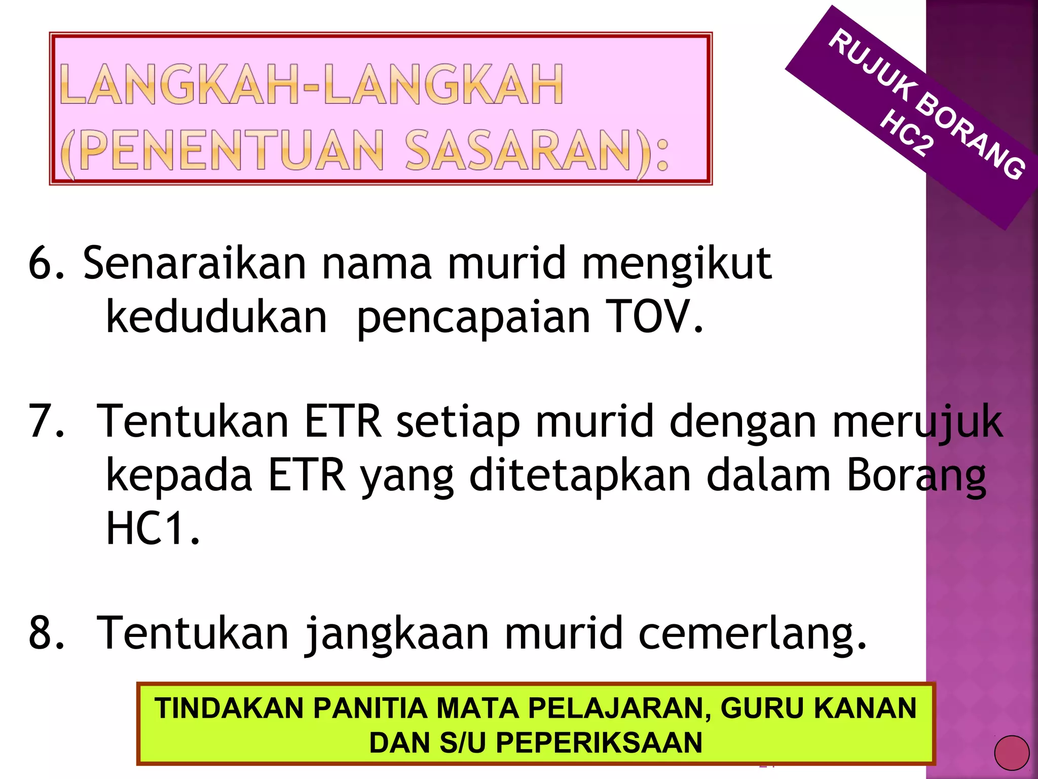 6. Senaraikan nama murid mengikut
kedudukan pencapaian TOV.
7. Tentukan ETR setiap murid dengan merujuk
kepada ETR yang ditetapkan dalam Borang
HC1.
8. Tentukan jangkaan murid cemerlang.
24
RUJUK
BORANG
HC2
TINDAKAN PANITIA MATA PELAJARAN, GURU KANAN
DAN S/U PEPERIKSAAN
 
