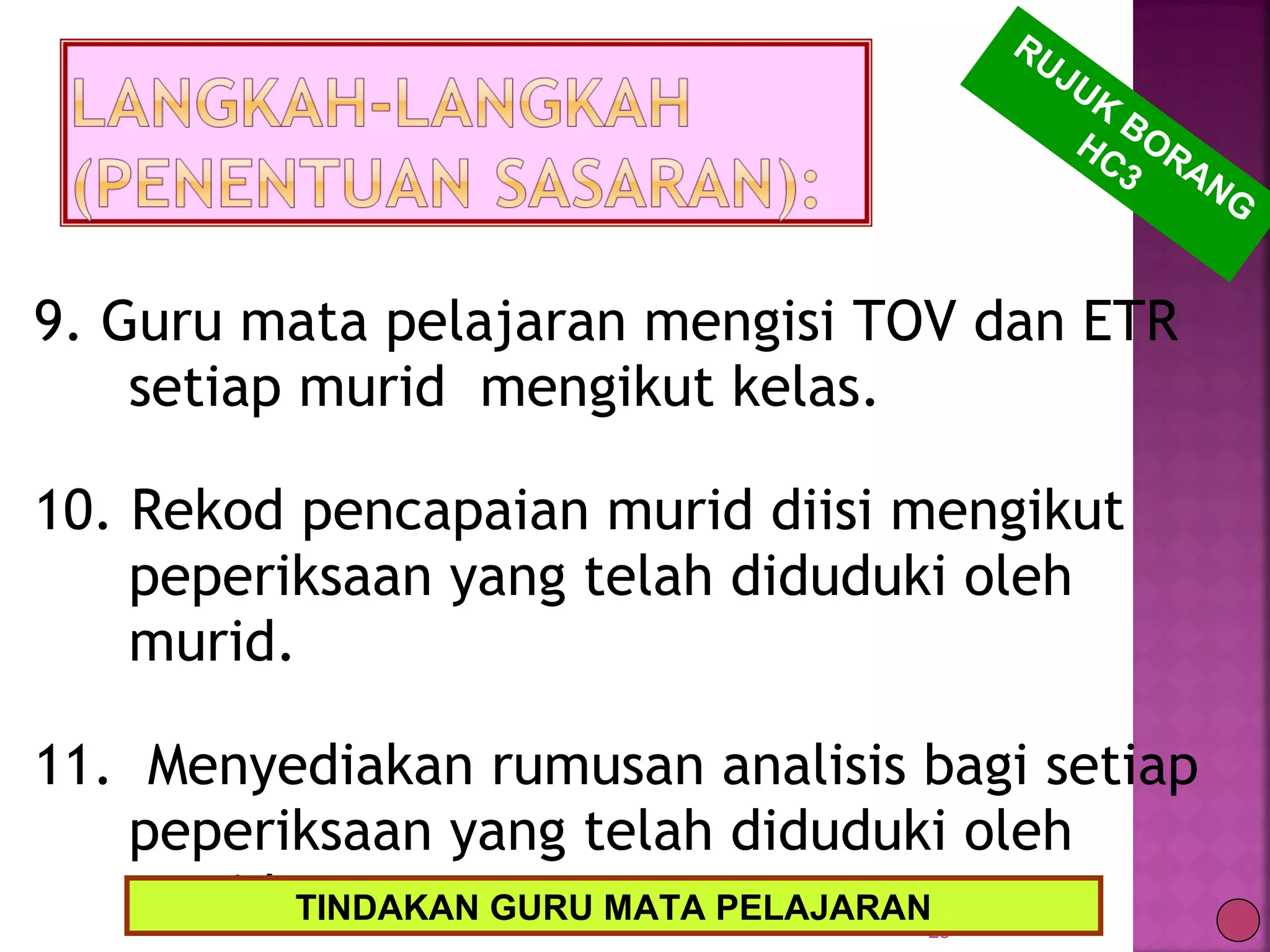 9. Guru mata pelajaran mengisi TOV dan ETR
setiap murid mengikut kelas.
10. Rekod pencapaian murid diisi mengikut
peperiksaan yang telah diduduki oleh
murid.
11. Menyediakan rumusan analisis bagi setiap
peperiksaan yang telah diduduki oleh
murid. 25
RUJUK
BORANG
HC3
TINDAKAN GURU MATA PELAJARAN
 