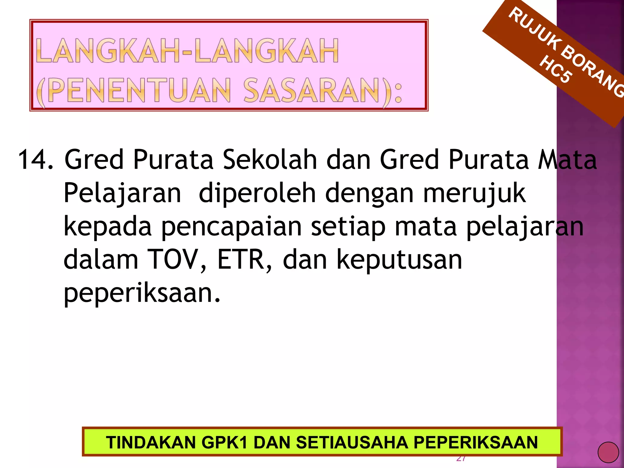 14. Gred Purata Sekolah dan Gred Purata Mata
Pelajaran diperoleh dengan merujuk
kepada pencapaian setiap mata pelajaran
dalam TOV, ETR, dan keputusan
peperiksaan.
27
RUJUK
BORANG
HC5
TINDAKAN GPK1 DAN SETIAUSAHA PEPERIKSAAN
 